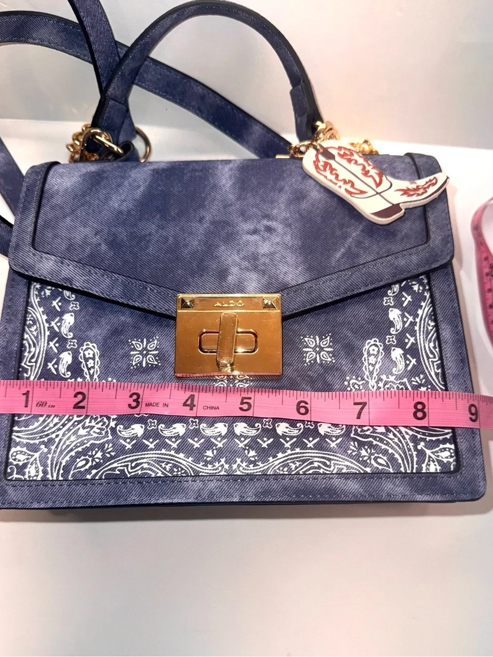 ALDO Denim Look Bandana Print Top Handle Crossbody Satchel Cowboy Boot Charm NWT - Picture 7 of 11